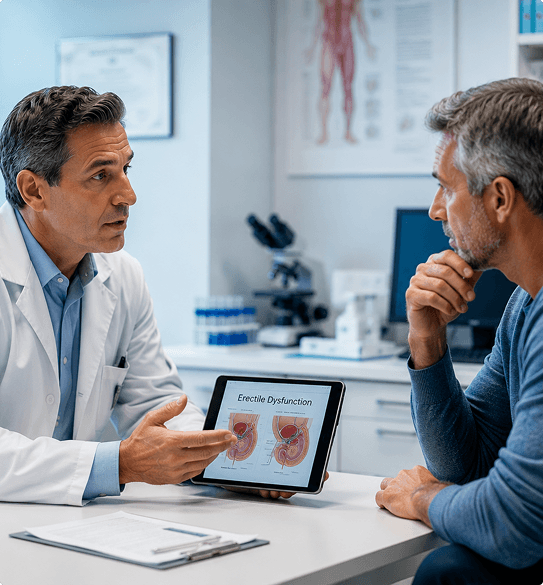 Doctor showing patient an erectile dysfunction diagram on a tablet during diagnosis