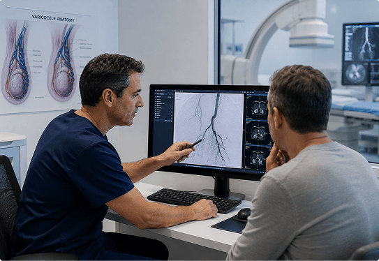 Doctor reviewing varicocele angiogram imaging on screen with patient in imaging suite