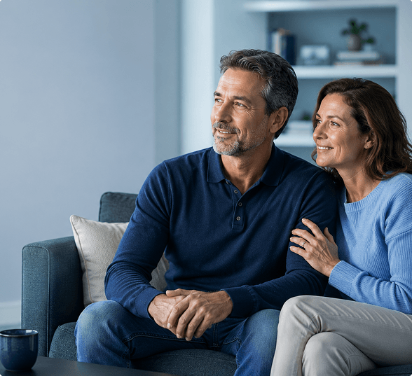Smiling middle-aged couple relaxing together on a couch at home